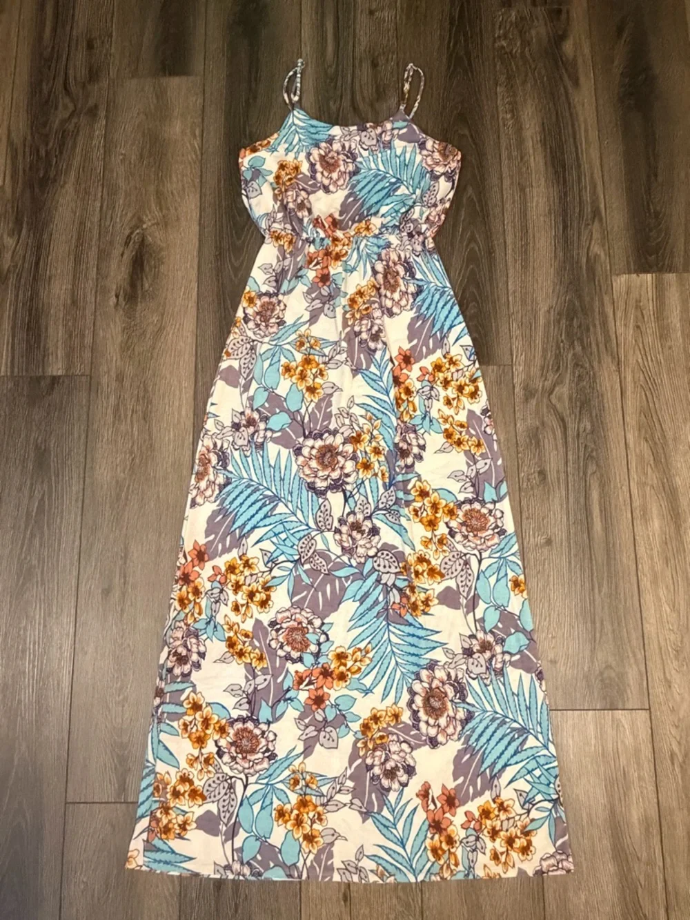 NAÏF Tropical Floral Maxi Dress Blue Tan White Small Summer Boho Vacation - Picture 7 of 15